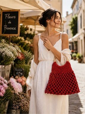 Handwoven Red Crochet Market Tote Wooden Handles Coastal Chic Boho✨Host Pick✨